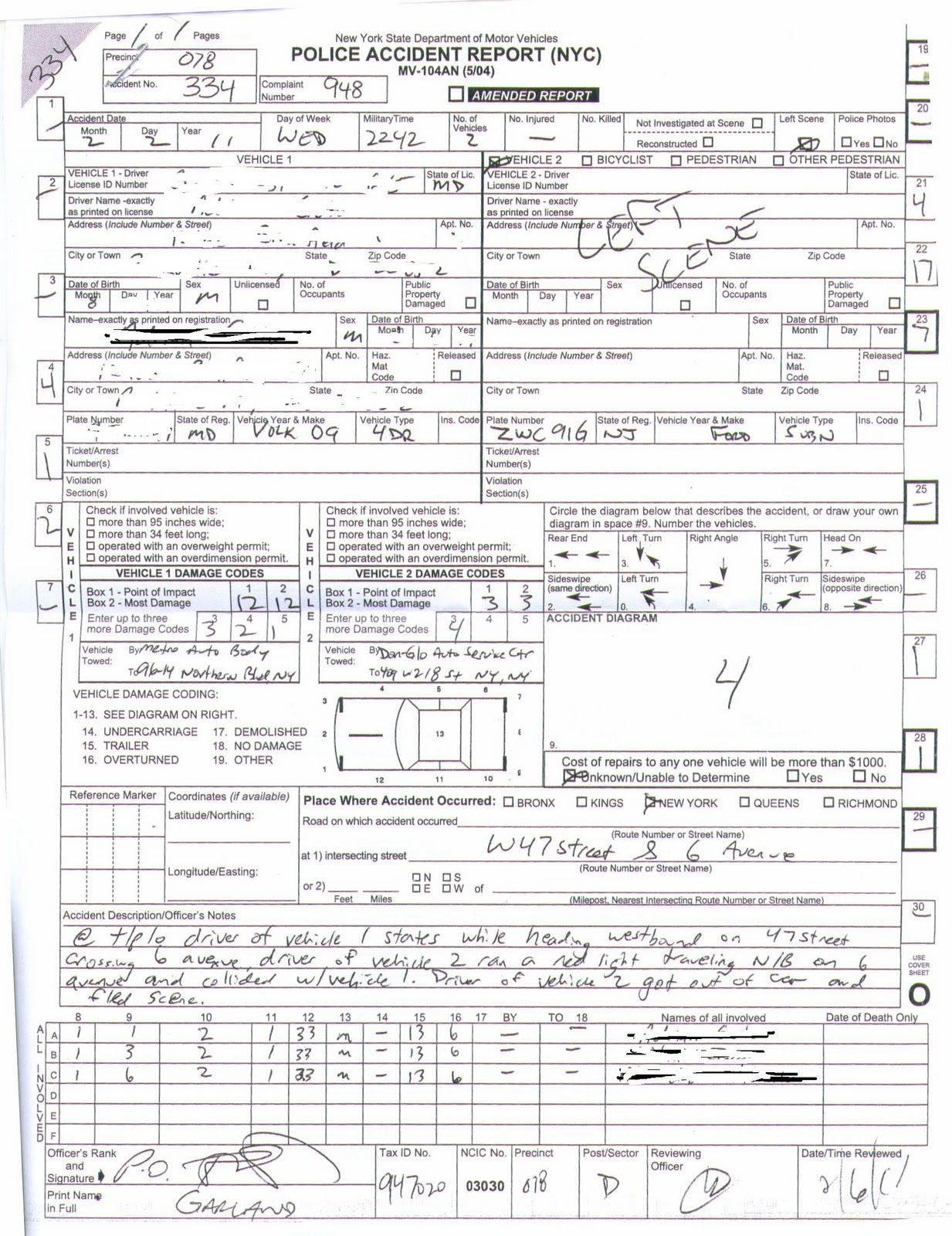 New york city police accident report codes